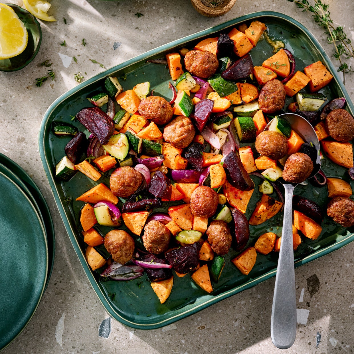 Traybake winter salad with vegan balls Traybake winter salad with vegan balls