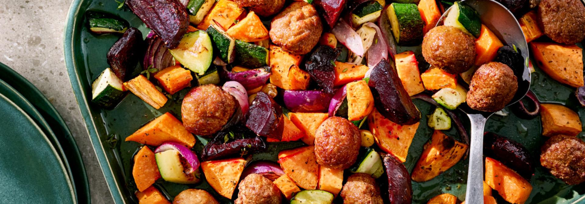 Traybake winter salad with vegan balls