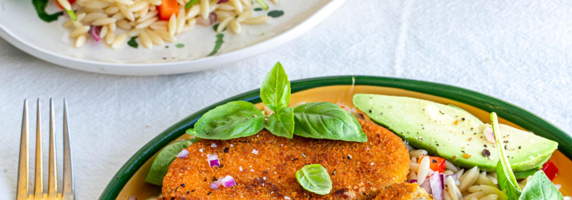 Orzo salad cauliflower schnitzel