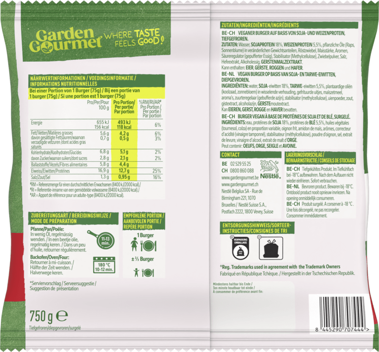 Garden Gourmet Frozen Vegan Burger Back of Package