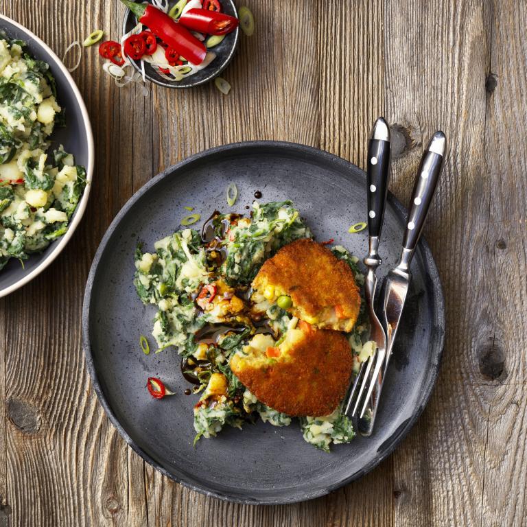 Pittige spinaziestampot met Groenteschijf Pittige spinaziestampot met Groenteschijf