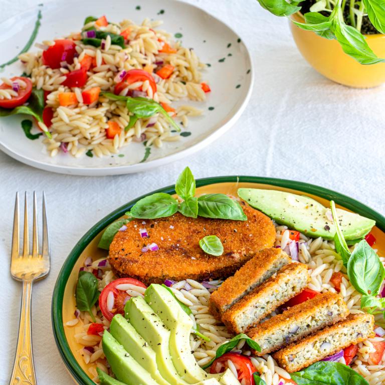 Orzo salad cauliflower schnitzel