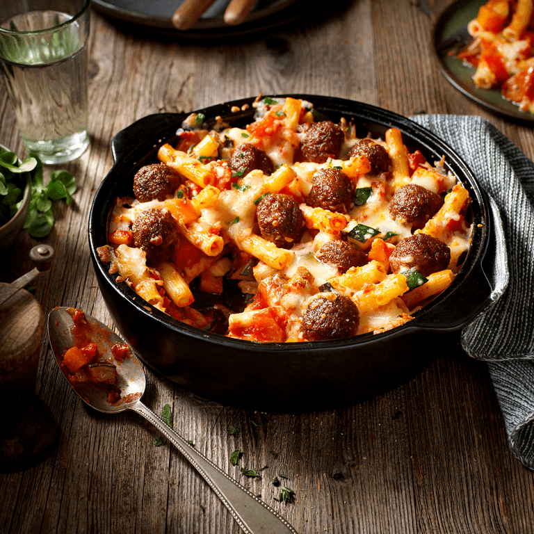 Pâtes gratinées au potiron et boulettes de légumes